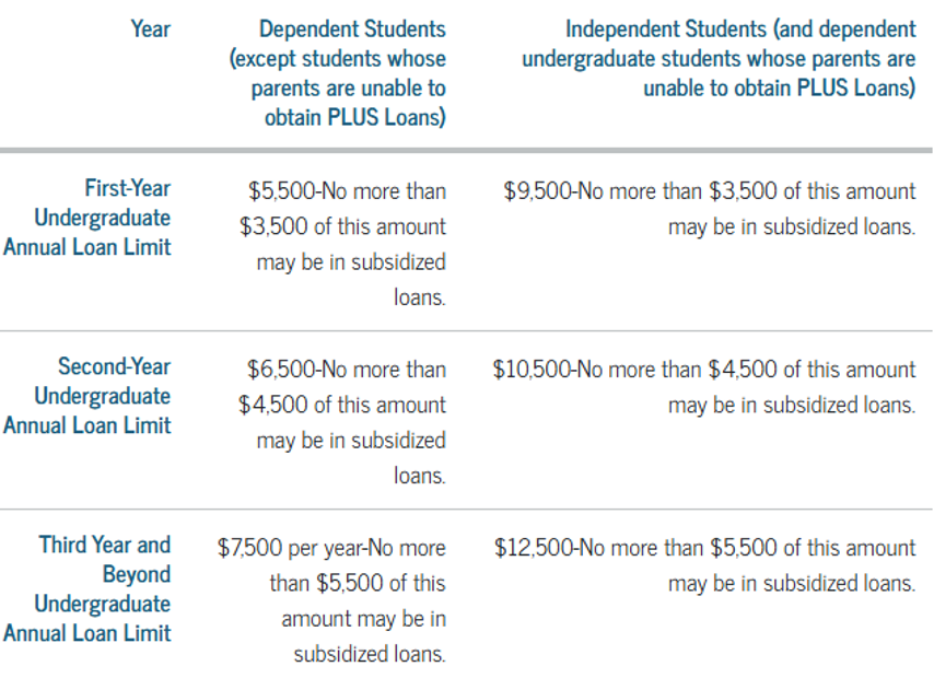 Chart showing federal student loan information