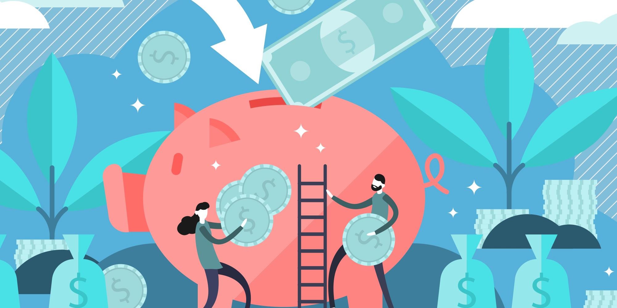 A graphic of people filling a piggy bank
